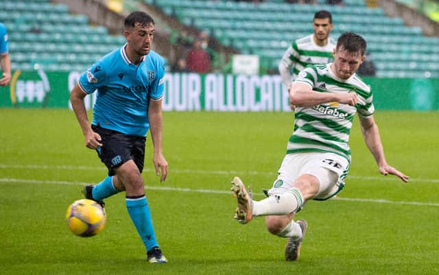 Celtic's Anthony Ralston nets the fifth in the 6-0 win by Ange Postecoglou's men in their last home meeting with Dundee, in early August. The Celtic manager doesn't expect as "open" an encounter as the Tayside club return to the scene of that mauling under new manager Mark McGhee. (Photo by Craig Williamson / SNS Group)