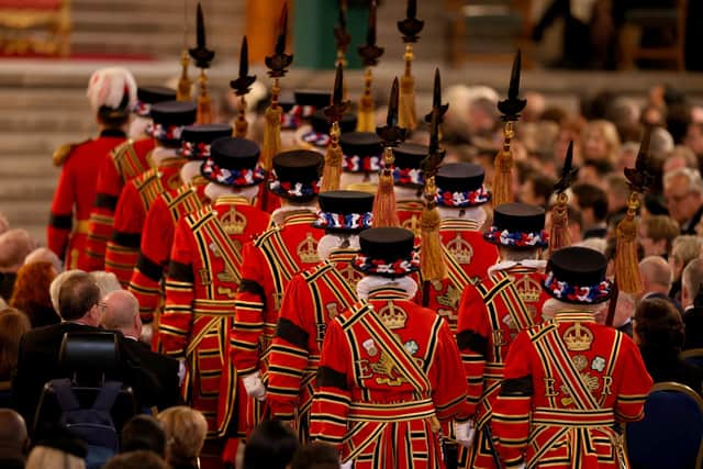 The King's Body Guard of the Yeomen of the Guard ahead of the arrival of King Charles III and the Queen Consort at Westminster Hall, London.