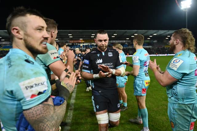 Glasgow co-captain Ryan Wilson leads his team off following the defeat to Exeter in the Heineken Champions Cup. (Photo by Dan Mullan/Getty Images)