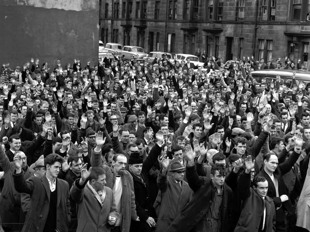 Staff at the Rootes car factory, in Linwood, vote to end their work to rule and overtime ban in September 1965.