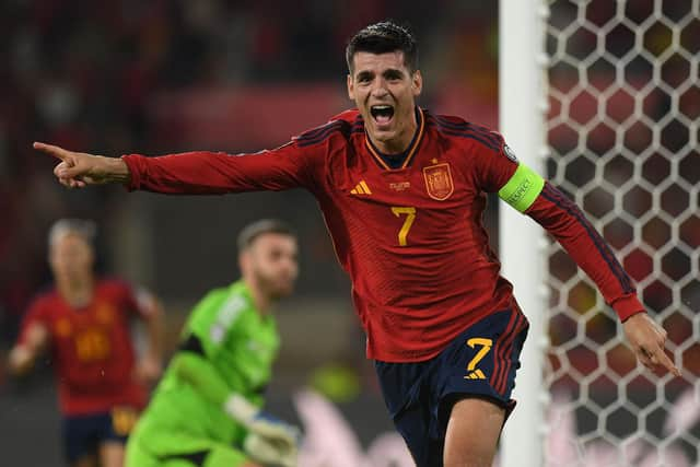 Spain's Alvaro Morata celebrates scoring the opener in the 2-0 win over Scotland. (Photo by JORGE GUERRERO/AFP via Getty Images)