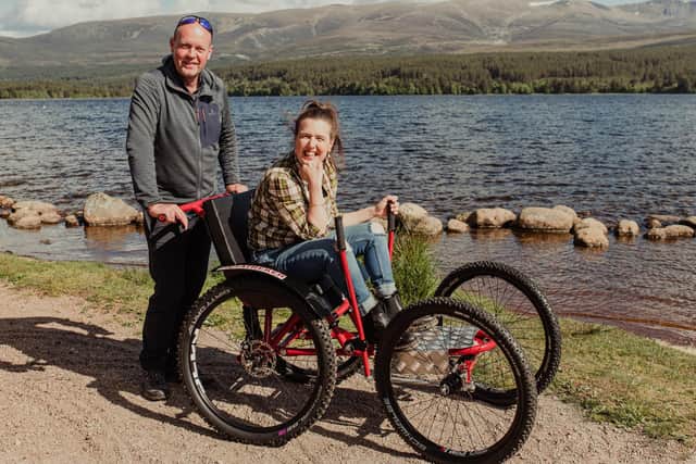 Business Gateway highlights its support of Gordon McGregor, who is behind the UK’s first Paratreker – a non-motorised, all-terrain wheelchair – and is pictured here with comedian Rosie Jones. Picture: contributed.