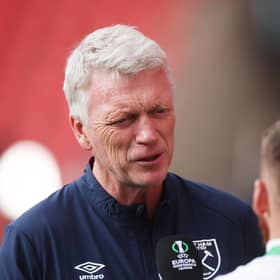 West Ham manager David Moyes speaks to the media ahead of the UEFA Conference League final against Fiorentina in Prague. (Photo by Alex Grimm/Getty Images)