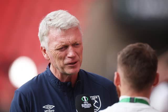 West Ham manager David Moyes speaks to the media ahead of the UEFA Conference League final against Fiorentina in Prague. (Photo by Alex Grimm/Getty Images)