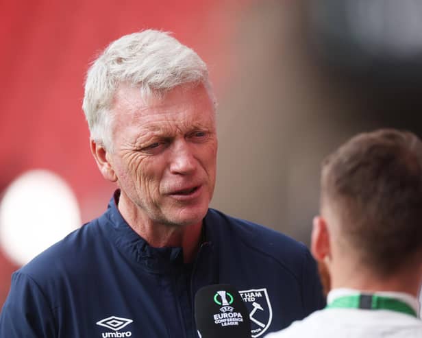 West Ham manager David Moyes speaks to the media ahead of the UEFA Conference League final against Fiorentina in Prague. (Photo by Alex Grimm/Getty Images)