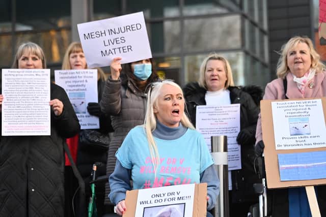 Mesh implant patients staged a protest to challenge government over surgery delays in Glasgow in November 2021.