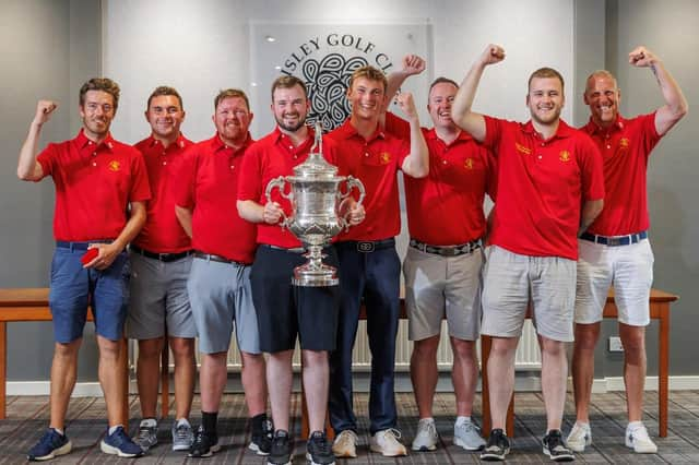 Lothians celebrate winning the Scottish Area Team Championship for a 15th time at Paisley. Picture: Scottish Golf