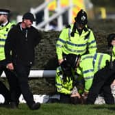 An animal rights protester is apprehended by police officers at the second fence ahead of the Grand National at Aintree last Saturday