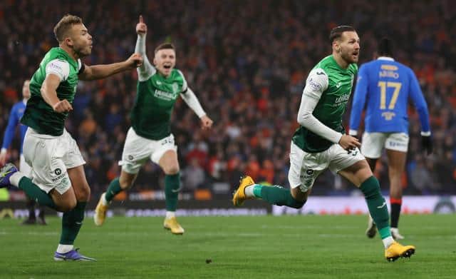 Martin Boyle celebrates opening the scoring for Hibs in their Premier Sports Cup semi-final win over Rangers at Hampden. (Photo by Craig Williamson / SNS Group)