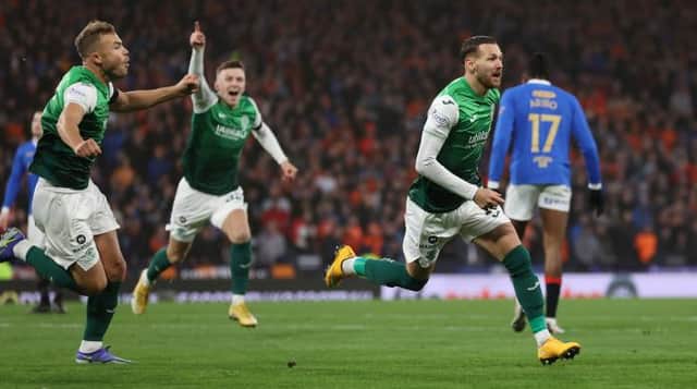 Martin Boyle celebrates opening the scoring for Hibs in their Premier Sports Cup semi-final win over Rangers at Hampden. (Photo by Craig Williamson / SNS Group)
