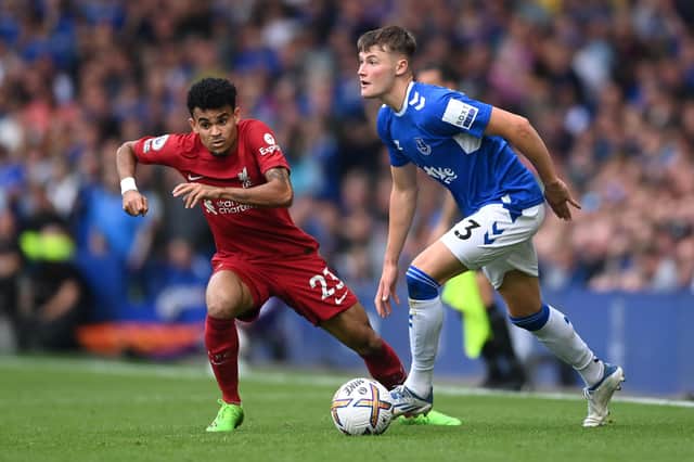 Nathan Patterson in action for Everton during the recent Merseyside derby against Liverpool at Goodison Park. (Photo by Laurence Griffiths/Getty Images)