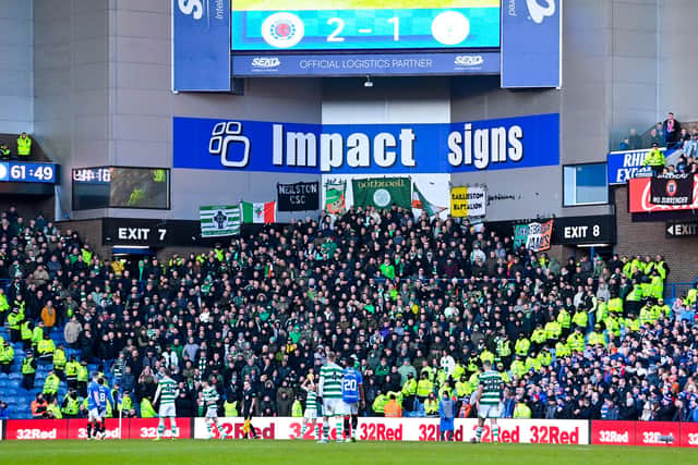 A general view of the Celtic fans during a cinch Premiership match between Rangers and Celtic at Ibrox in early January.