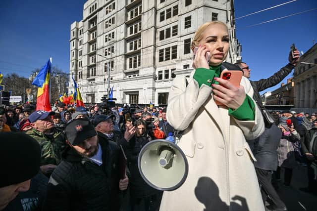 Moldovan MP Marina Tauber attends a protest she organised on behalf of the pro-Moscow opposition Shor party in the country's capital Chisinau on Sunday (Picture: Daniel Mihailescu/AFP via Getty Images)