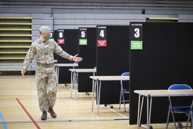 Members of the Royal Scots Dragoon Guard carry out a reconnaissance before setting up a Covidâ€“19 vaccination centre at the Ravenscraig Regional Sports Facility in Motherwell