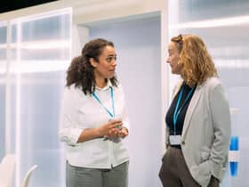Saskia Ashdown and Pauline Goldsmith in hang at the Tron Theatre PIC: Mihaela Bodlovic