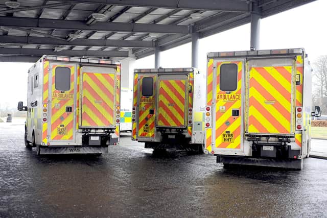 Ambulances at entrance to the Clinical Assessment Unit at Forth Valley Royal Hospital.