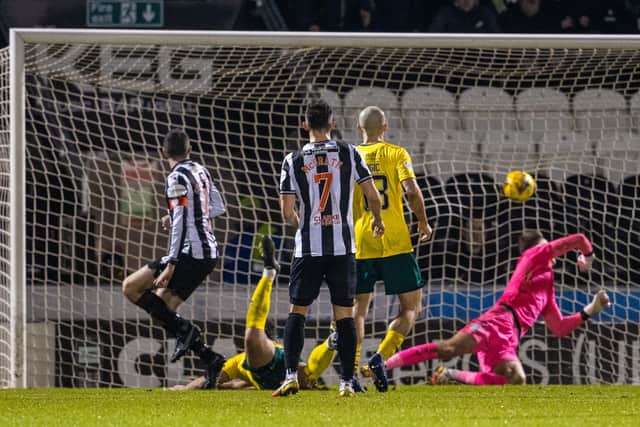 St Mirren's Joe Shaughnessy makes it 1-1 with a close-range finish past Matt Macey.
