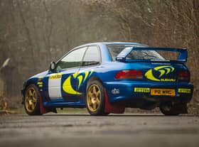 The Subaru rally car with the 'P2 WRC' plate used by Colin McRae will go under the hammer later this month. Picture: Silverstone Auctions