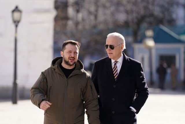 US President Joe Biden walks next to Ukrainian President Volodymyr Zelensky in Kyiv. Picture: AFP via Getty Images