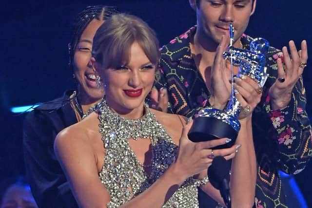 Taylor Swift accepts the award for best longform video for "All Too Well (10 Minute Version) (Taylor's Version)" on stage at the MTV Video Music Awards 2022 held at the Prudential Center in Newark, New Jersey. Picture date: Sunday August 28, 2022.