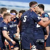Hamish Watson celebrates scoring Edinburgh's fifth try during the win over Scarlets.