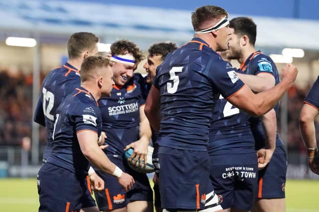 Hamish Watson celebrates scoring Edinburgh's fifth try during the win over Scarlets.