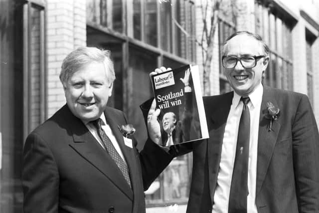 Roy Hattersley (left) and Donald Dewar at the Scottish Labour party launch of their General Election manifesto in Glasgow, May 1987.