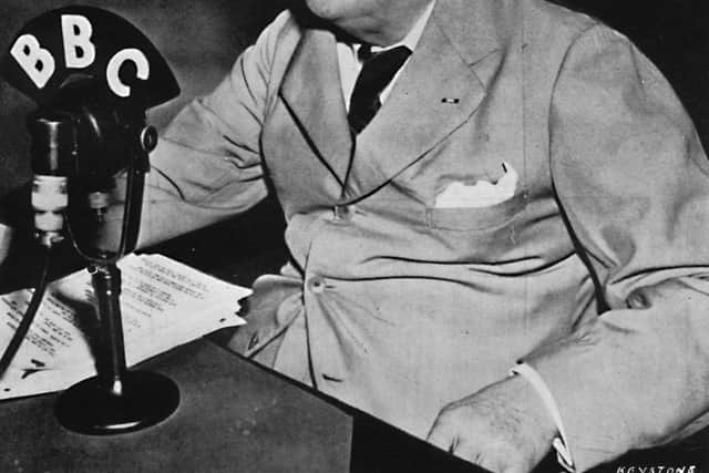 Prime Minister Winston Churchill in a wartime broadcast. The BBC supported the Ministry of Information campaign with the Burns Federation. (Photo by Print Collector/Getty Images)