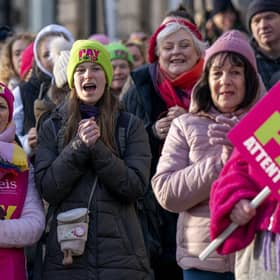 Members of the EIS demonstrate outside Bute House in Edinburgh as teachers from secondary schools around Scotland are shut as members of the EIS and SSTA unions take strike action in a dispute over pay. Picture date: Wednesday January 11, 2023.
