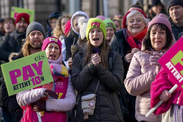 Members of the EIS demonstrate outside Bute House in Edinburgh as teachers from secondary schools around Scotland are shut as members of the EIS and SSTA unions take strike action in a dispute over pay. Picture date: Wednesday January 11, 2023.
