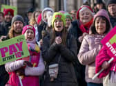 Members of the EIS demonstrate outside Bute House in Edinburgh as teachers from secondary schools around Scotland are shut as members of the EIS and SSTA unions take strike action in a dispute over pay. Picture date: Wednesday January 11, 2023.