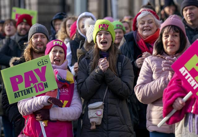 Members of the EIS demonstrate outside Bute House in Edinburgh as teachers from secondary schools around Scotland are shut as members of the EIS and SSTA unions take strike action in a dispute over pay. Picture date: Wednesday January 11, 2023.