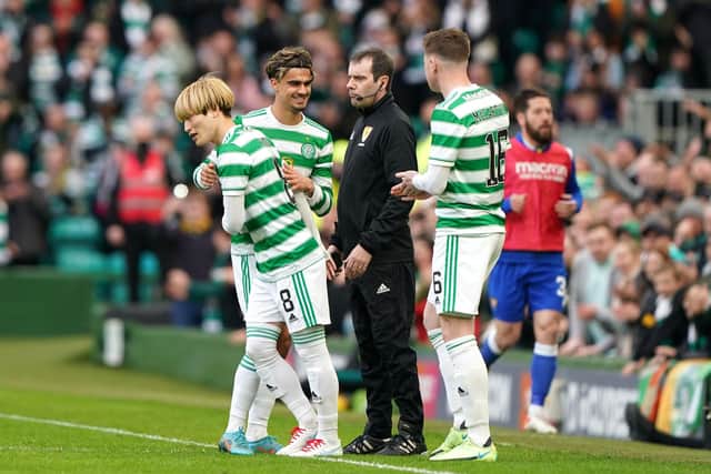 Celtic's Kyogo Furuhashi is brought on for his first match since December. (Photo credit: Andrew Milligan/PA Wire.)