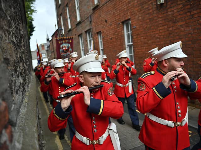 The Apprentice Boys of Derry takes part in the annual Relief of Derry march on August 14, 2021 in Derry, Northern Ireland. An affiliated club in Inverness plans to hold a parade on Saturday but is meeting resistance.  (Photo by Charles McQuillan/Getty Images)