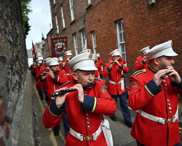 The Apprentice Boys of Derry takes part in the annual Relief of Derry march on August 14, 2021 in Derry, Northern Ireland. An affiliated club in Inverness plans to hold a parade on Saturday but is meeting resistance.  (Photo by Charles McQuillan/Getty Images)