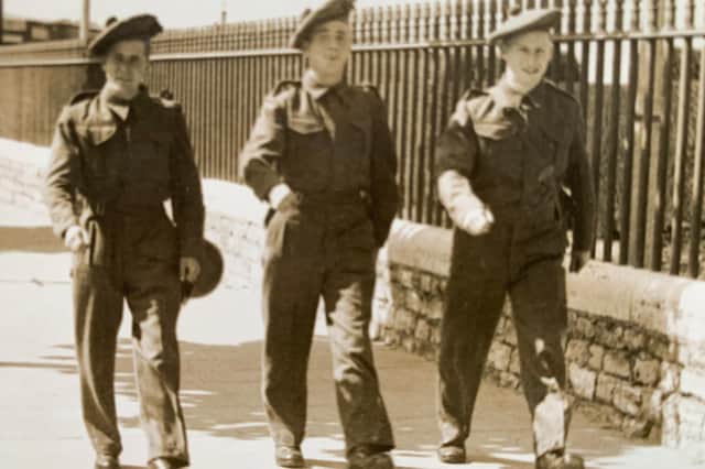 My dad on the left, marching out of Dundee, 1939, towards Dunkirk, El Alamein and Monte Cassino, with the Black Watch.