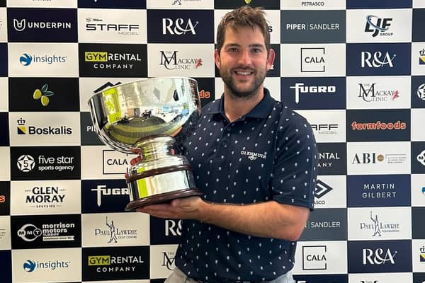 Bradley Neil shows off the trophy after winning the Tartan Pro Tour's Newmachar Classic presented by Boskalis by seven shots. Picture: Tartan Pro Tour