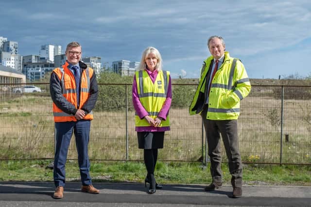 David Wylie, managing director of CCG Group; Carole Cran, chief financial officer of Forth Ports; Matthew Benson, director of Rettie & Co, at the development site in Leith. Picture: Mark Craig