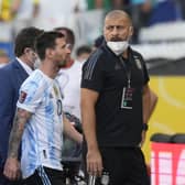 Brazil vs Argentina abandoned: Argentina's Lionel Messi walks off the field after the qualifying soccer match for the FIFA World Cup Qatar 2022 against Brazil was interrupted by health officials in Sao Paulo, Brazil on Sunday 5 September. (Image credit: AP Photo/Andre Penner)