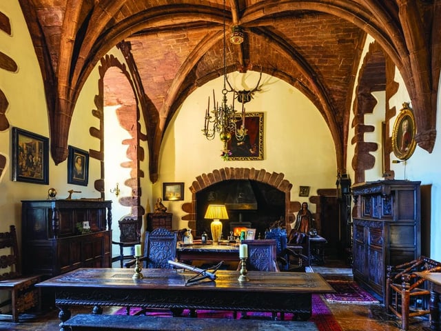 Interior It has six bedrooms set over four storeys and the reception rooms include a great hall with a minstrel’s gallery, drawing room, vaulted dining room, dining kitchen and library.