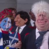 Nicola Sturgeon as depicted on the new Spitting Image, along with Boris Johnson.
