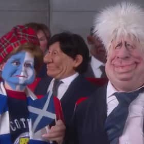 Nicola Sturgeon as depicted on the new Spitting Image, along with Boris Johnson.
