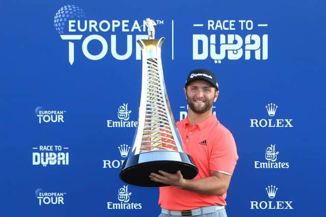 Jon Rahm of Spain poses with the Race to Dubai trophy following his victory in the DP World Tour Championship Dubai at Jumerirah Golf Estates last NovemberPicture: Andrew Redington/Getty Images