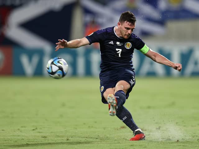 Scotland captain Andy Robertson plays the ball forward during the match against Cyprus.