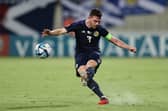 Scotland captain Andy Robertson plays the ball forward during the match against Cyprus.