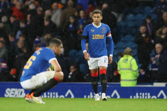 Rangers' players are left frustrated at full time during a Cinch Premiership match between Rangers and Aberdeen at Ibrox stadium, on October 26, 2021, in Glasgow, Scotland. (Photo by Alan Harvey / SNS Group)