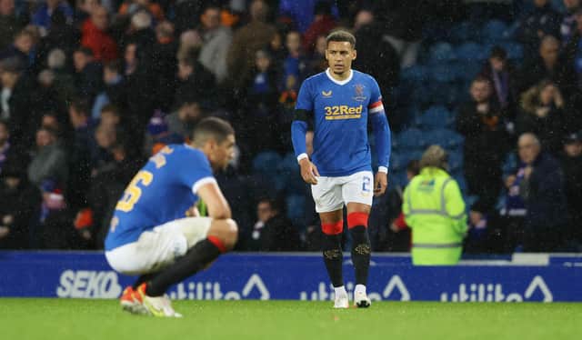 Rangers' players are left frustrated at full time during a Cinch Premiership match between Rangers and Aberdeen at Ibrox stadium, on October 26, 2021, in Glasgow, Scotland. (Photo by Alan Harvey / SNS Group)