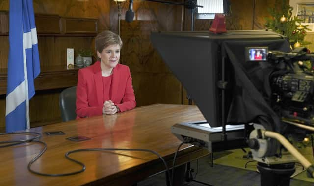 First Minister Nicola Sturgeon during the recording of her New Year's message. Picture: Scottish Government/PA Wire