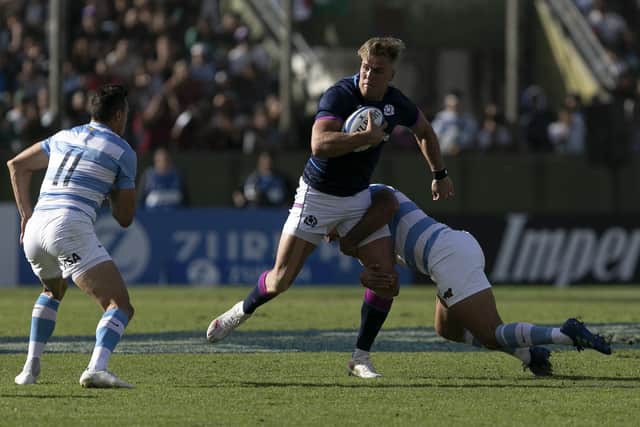 Scotland's Duhan van der Merwe goes on the attack against Argentina in Salta. (Photo by Pablo Gasparini / AFP)