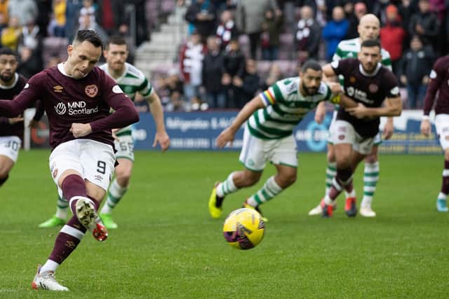 Lawrence Shankland makes it 1-1 from the spot v Celtic on the way to a historic but futile hat-trick (Photo by Craig Williamson / SNS Group)